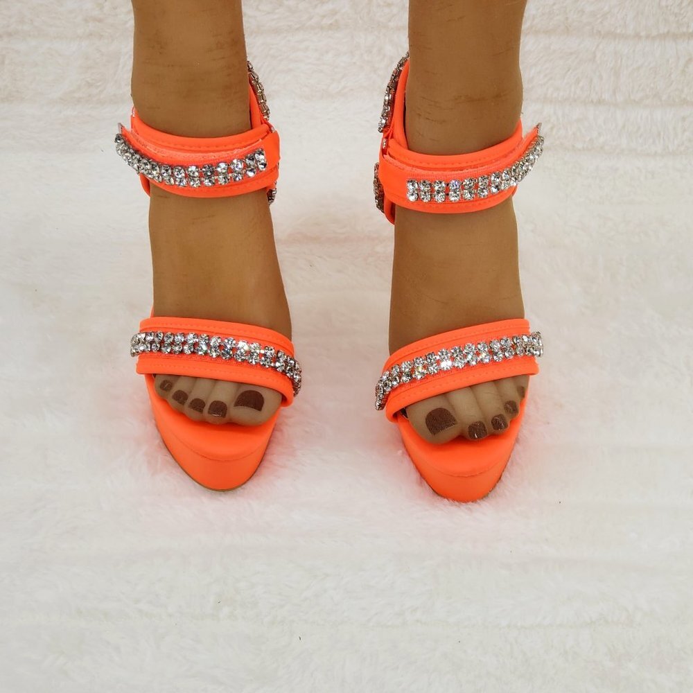 Genius Neon Orange Neoprene High Heel Platform Harness Shoes - Picture 12 of 12